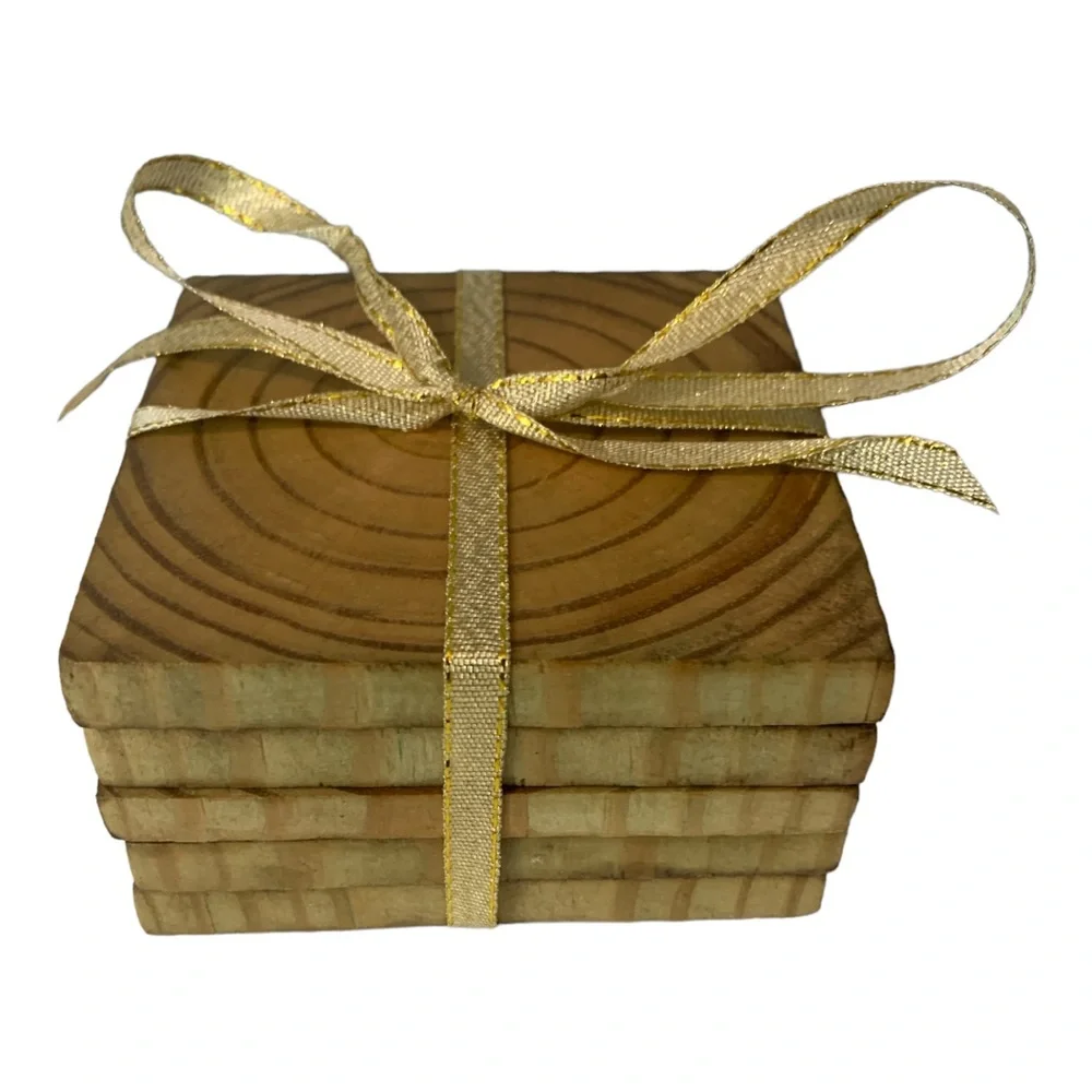 Wooden Coaster Set Handmade In USA Rustic Cabin Decor Classic Oak Stain 5 PC